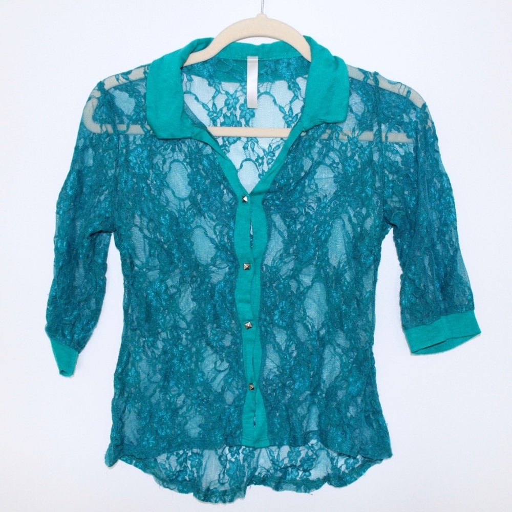 Teal Lace Button Up